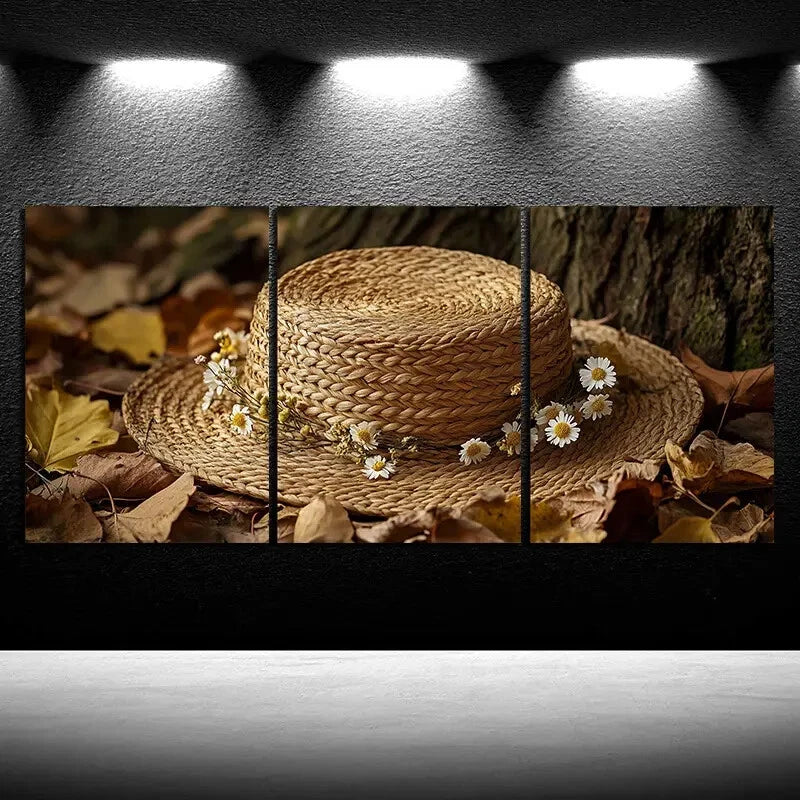 3pcs White Flowers and Hats Forest Metal Print Ready to Hang Art