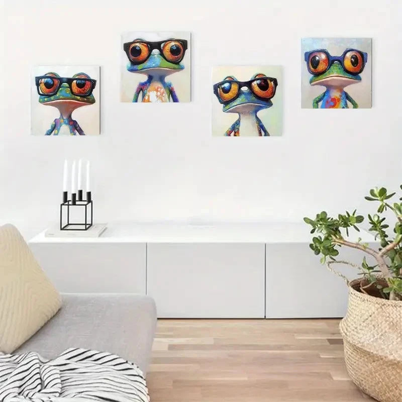 4pcs Adorable Frog Fashionable Glasses Design Wall Art Canvas Framed