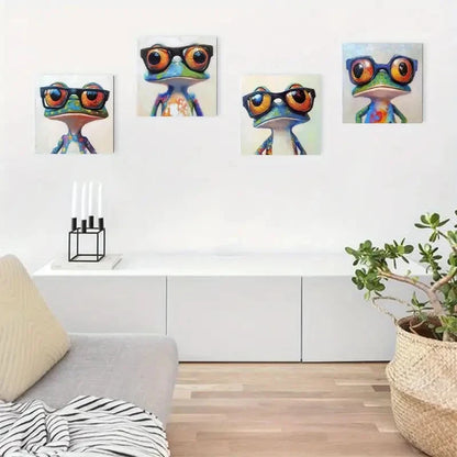 4pcs Adorable Frog Fashionable Glasses Design Wall Art Canvas Framed