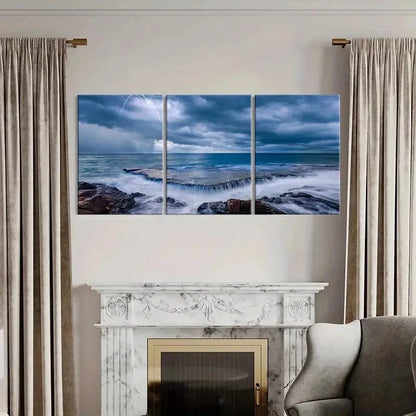 3pcs Seascape and Lightning Clouds Wall Art Set Canvas Framed 40x60cm - High Quality Print 100% Australian Made Wall Canvas Ready to Hang