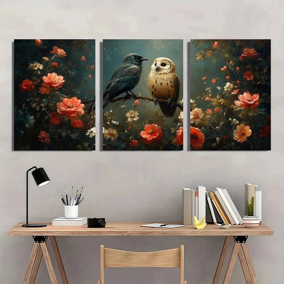 3pcs Owl Crow Floral & Foliage Forest Vintage Metal Print Ready to Hang Art