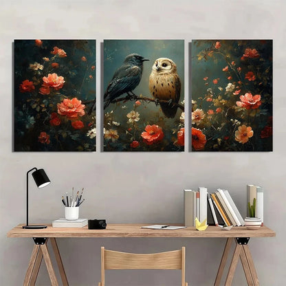 3pcs Owl Crow Floral & Foliage Forest Vintage Metal Print Ready to Hang Art