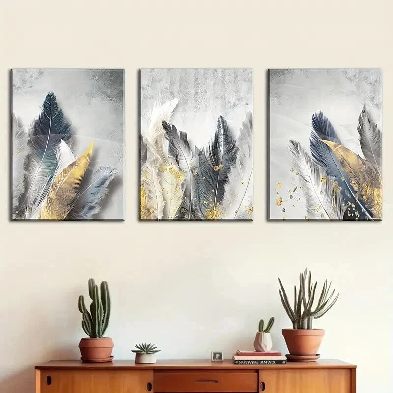 3pcs Modern Feather Light Luxury Style Wall Art Set Canvas Framed 40x60cm - High Quality Print 100% Australian Made Wall Canvas Ready to Hang