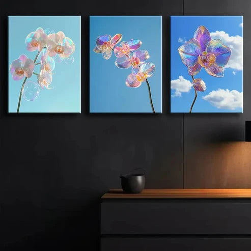 3pcs Colorful Orchid Glass Painting Perfect Wall Art Set Canvas Unframed - High Quality Print 100% Australian Made Wall Canvas