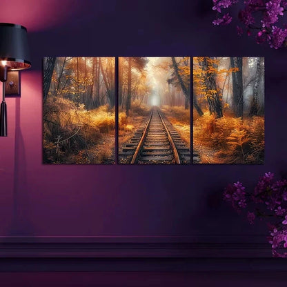 3pcs Autumn Forest Old Broken Railroad Track Metal Print Ready to Hang Art
