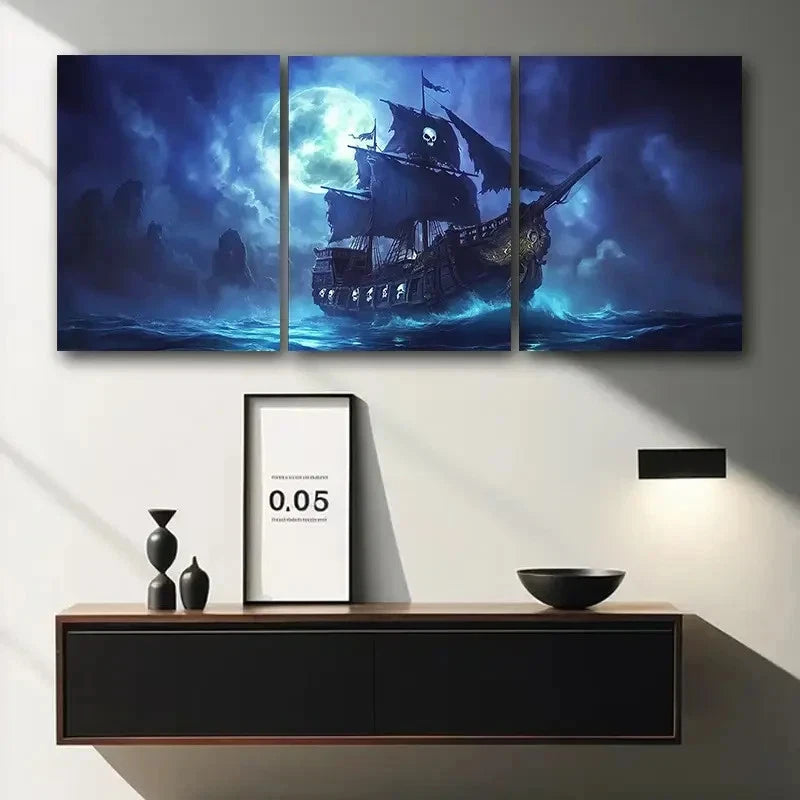 3pcs Ghostly Maritime Theme Ship Metal Print Ready to Hang Art