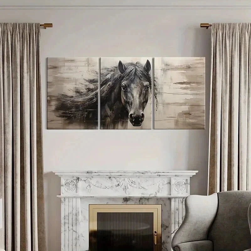 3pcs Vintage Animal Art Dark Horse Farmhouse Wall Art Set Canvas Framed 40x60cm - High Quality Print 100% Australian Made Wall Canvas Ready to Hang