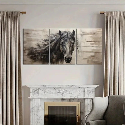 3pcs Vintage Animal Art Dark Horse Farmhouse Wall Art Set Canvas Framed 40x60cm - High Quality Print 100% Australian Made Wall Canvas Ready to Hang