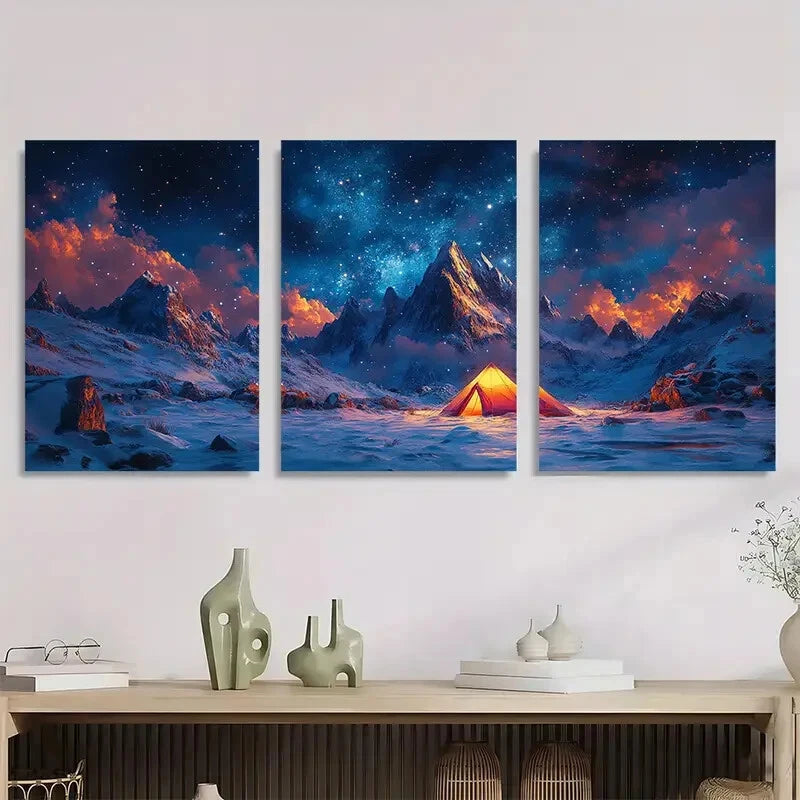 3pcs Snow Mountain and Pink Tent Design Metal Print Ready to Hang Art