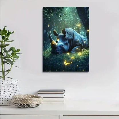 Fantasy Rhino in Magical Forest Painting 40x60cm Metal Print Ready to Hang