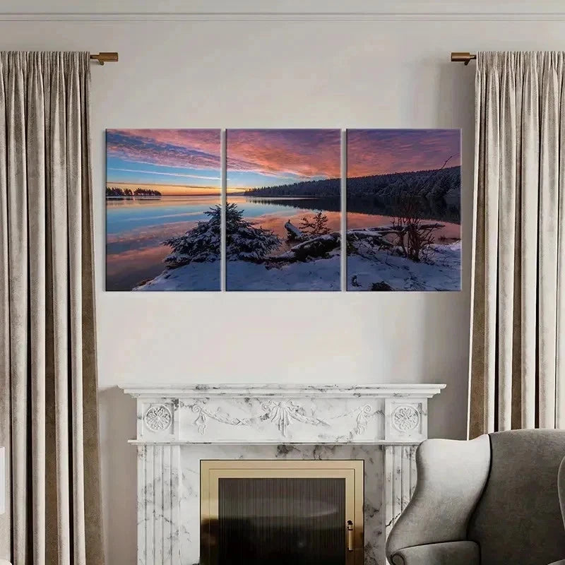 3pcs Forest Snow Scene Mountain Lake Wall Art Set Canvas Framed 40x60cm - High Quality Print 100% Australian Made Wall Canvas Ready to Hang