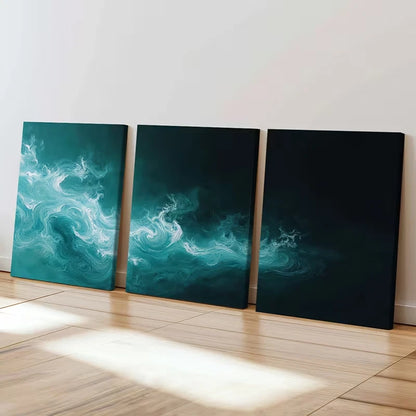3pcs Abstract Ocean Waves Teal White Swirls  Wall Art Set Canvas Framed 60x90cm - High Quality Print 100% Australian Made Wall Canvas Ready to Hang
