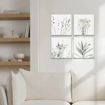 4pcs Green Plant Black And Gray Wall Set Wall Art Canvas Framed