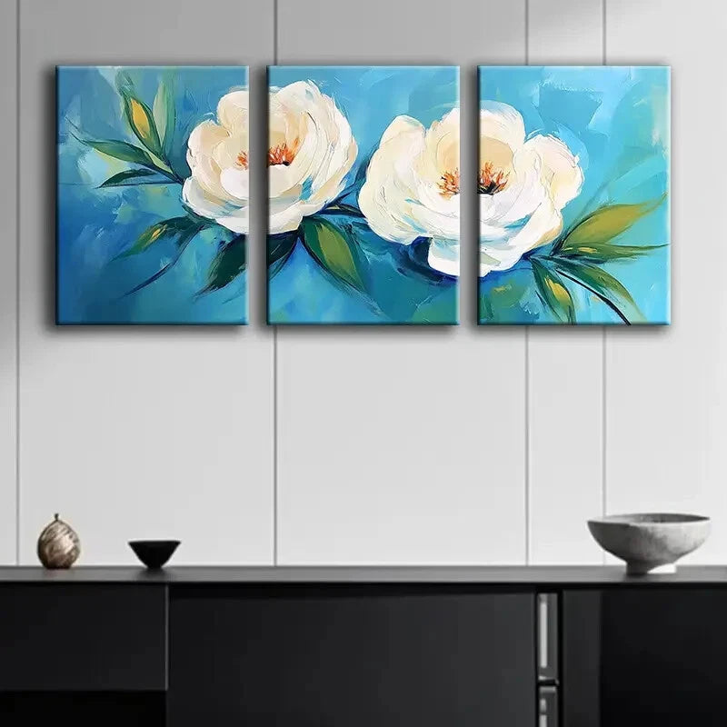 3pcs White Flowers with Blue Leaves Floral Décor Wall Art Set Canvas Framed 40x60cm - High Quality Print 100% Australian Made Wall Canvas Ready to Hang