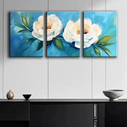 3pcs White Flowers with Blue Leaves Floral Décor Wall Art Set Canvas Framed 40x60cm - High Quality Print 100% Australian Made Wall Canvas Ready to Hang