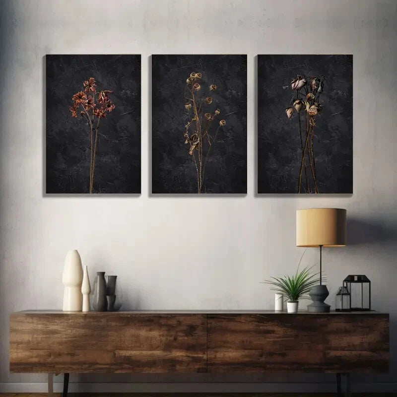 3pcs  Dark Dried Wildflower Floral Botanical Wall Art Set Canvas Framed 40x60cm - High Quality Print 100% Australian Made Wall Canvas Ready to Hang