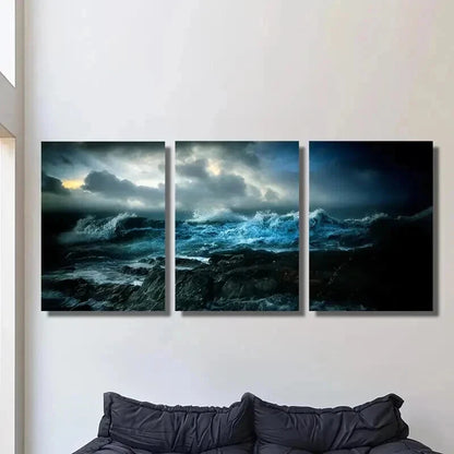 3pcs Amazing Deep Ocean Waves at Night Wall Art Set Canvas Framed 40x60cm - High Quality Print 100% Australian Made Wall Canvas Ready to Hang