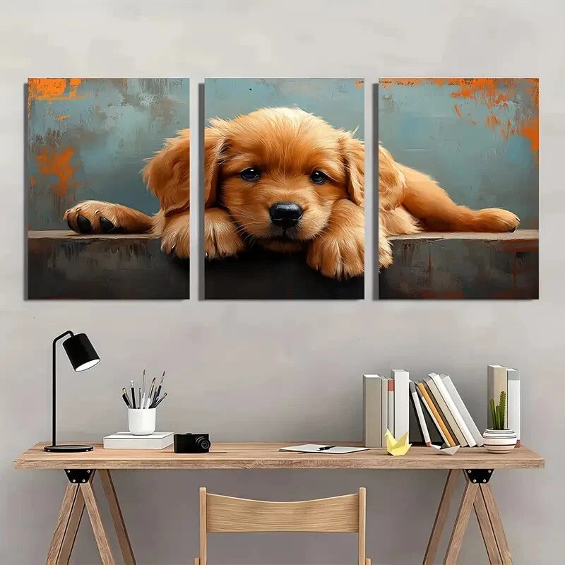 3pcs Adorable Golden Retriever Puppy Metal Print Ready to Hang Art