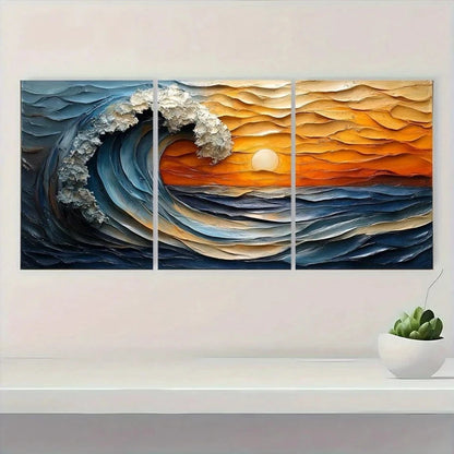 3pcs Modern Abstract Painting Blue & Gold Metal Print Ready to Hang Art