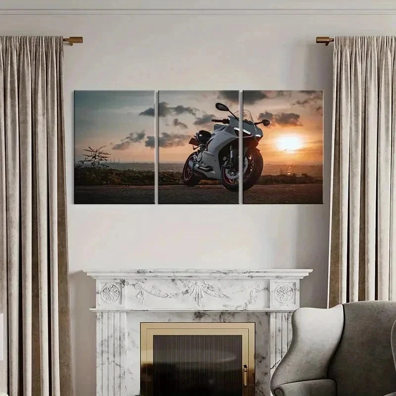 3pcs Motorcycle Racing Sunset Modern Wall Art Set Canvas Framed 40x60cm - High Quality Print 100% Australian Made Wall Canvas Ready to Hang