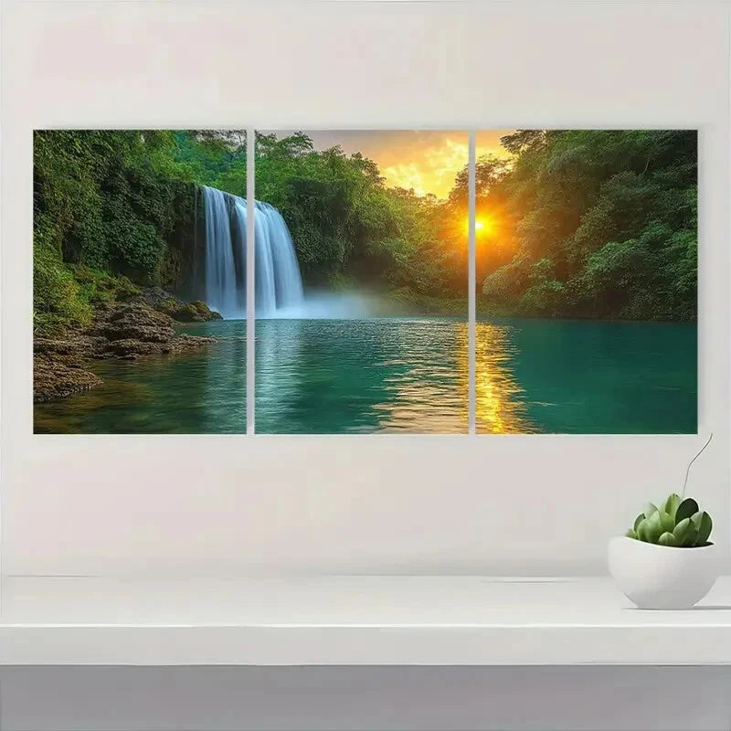 3pcs Tropical Waterfall Vibrant Sunset Lush Green Metal Print Ready to Hang Art