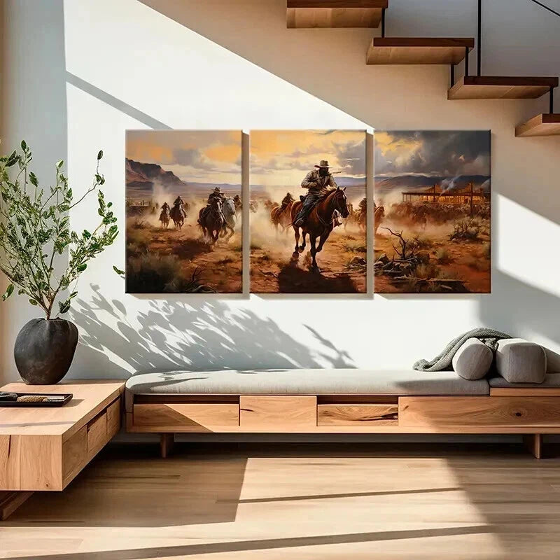 3pcs Landscape with Cowboy on Horseback Wall Art Set Canvas Framed 40x60cm - High Quality Print 100% Australian Made Wall Canvas Ready to Hang