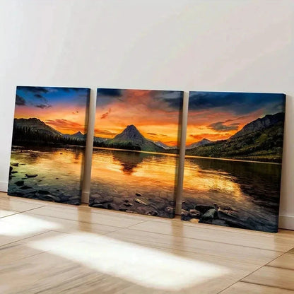 3pcs Lake Glacier National Park Sunset Wall Art Set Canvas Framed 40x60cm - High Quality Print 100% Australian Made Wall Canvas Ready to Hang