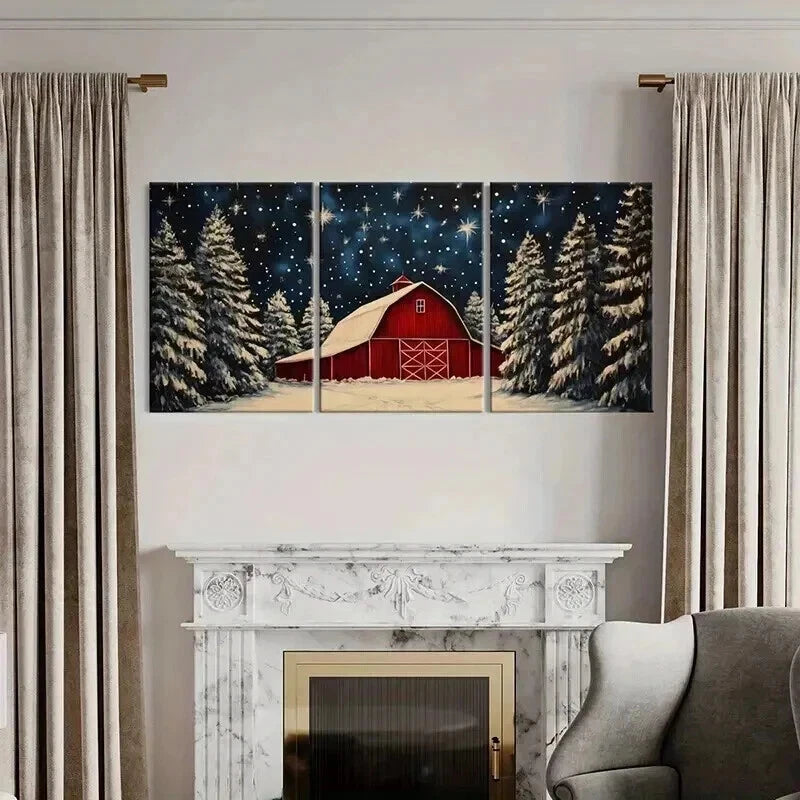 3pcs Winter Barn & Snowy Trees Starry Night Metal Print Ready to Hang Art