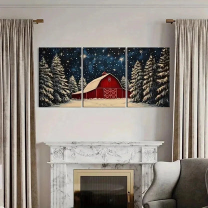 3pcs Winter Barn & Snowy Trees Starry Night Metal Print Ready to Hang Art