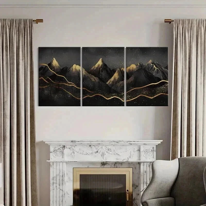 3pcs Mountains Night Sky Golden Lines Sparkles Metal Print Ready to Hang Art