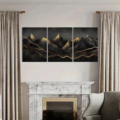 3pcs Mountains Night Sky Golden Lines Sparkles Metal Print Ready to Hang Art