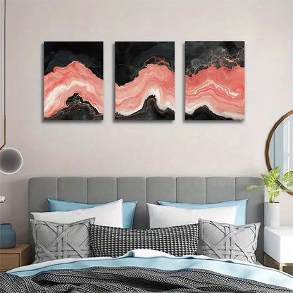 3pcs Abstract Coral Black Marble Texture Pink Metal Print Ready to Hang Art