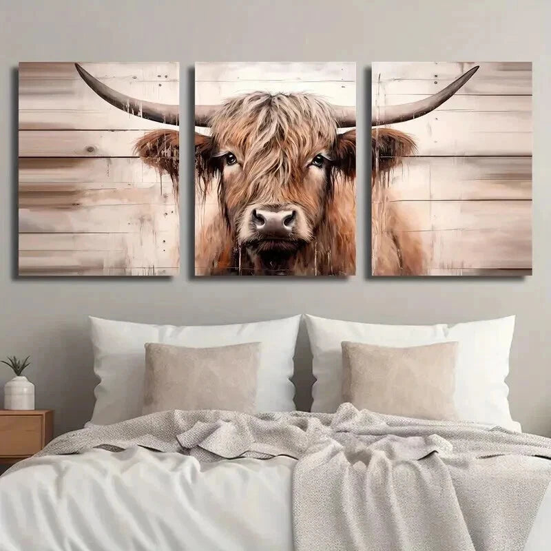 3pcs Highland Cow Modern Farmhouse Decor Wall Art Set Canvas Framed 50x70cm - High Quality Print 100% Australian Made Wall Canvas Ready to Hang