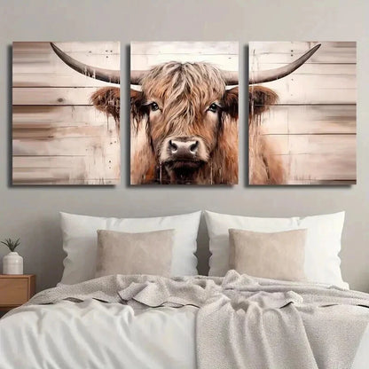 3pcs Highland Cow Modern Farmhouse Decor Wall Art Set Canvas Framed 50x70cm - High Quality Print 100% Australian Made Wall Canvas Ready to Hang
