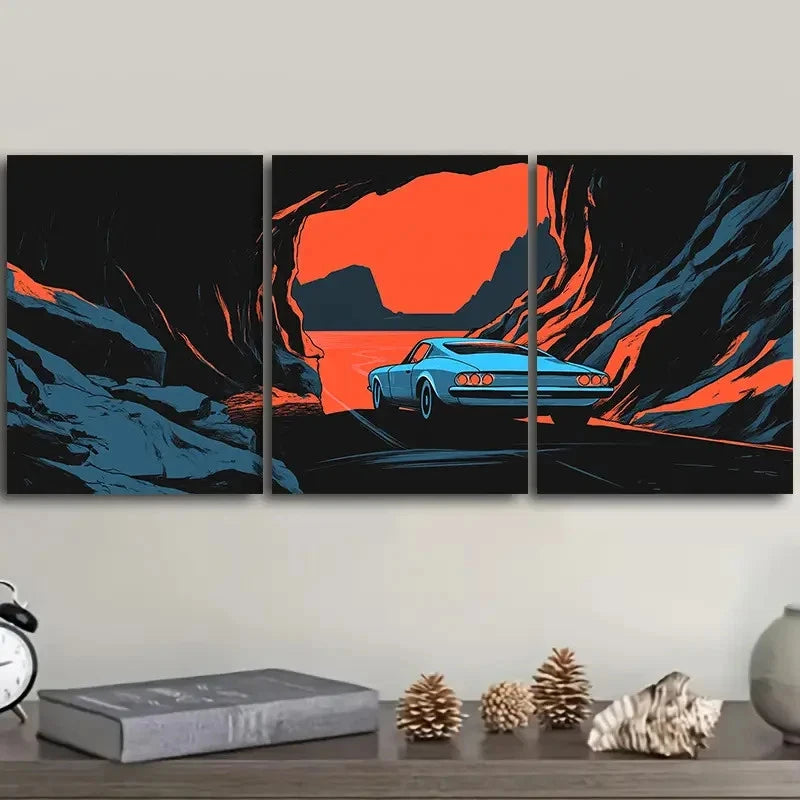3pcs A Blue Car Drives Through a Canyon Wall Art Set Canvas Framed 60x90cm - High Quality Print 100% Australian Made Wall Canvas Ready to Hang