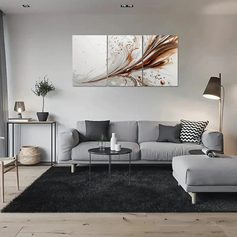 3pcs Modern Abstract Painting Brown and White Metal Print Ready to Hang Art