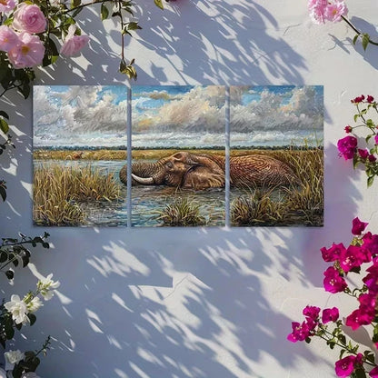 3pcs Elephant Serenity Illustration Metal Print Ready to Hang Art