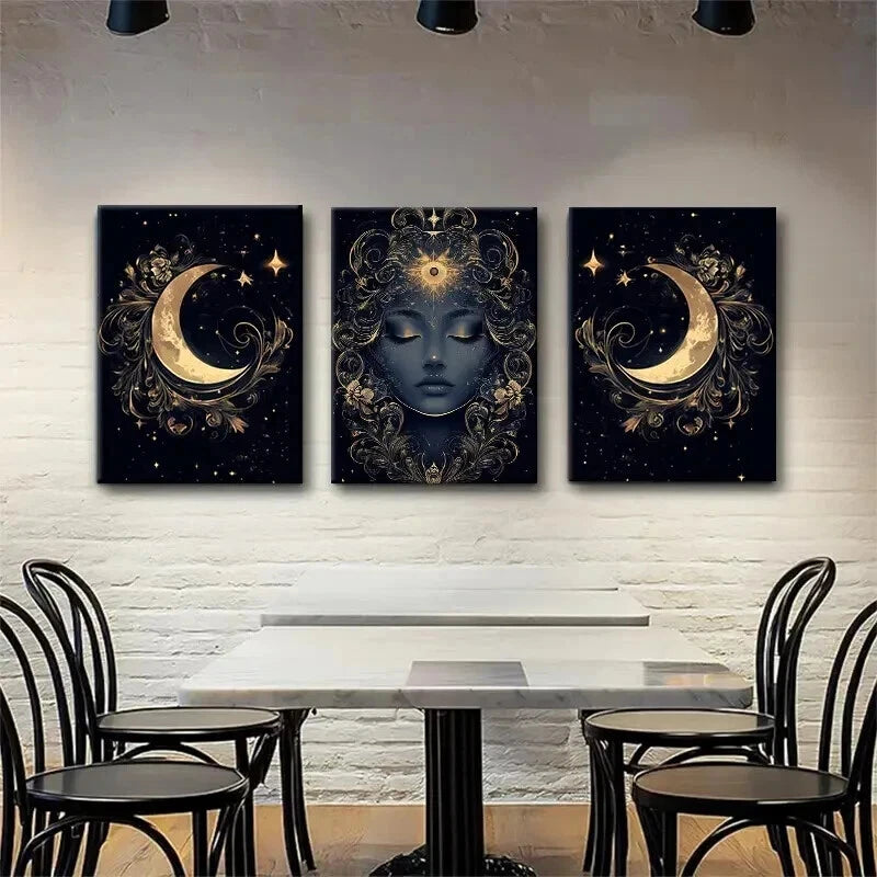 3pcs Mystical Moon Goddess Golden Lunar Perfect Wall Art Set Canvas Framed 40x60cm - High Quality Print 100% Australian Made Wall Canvas Ready to Hang