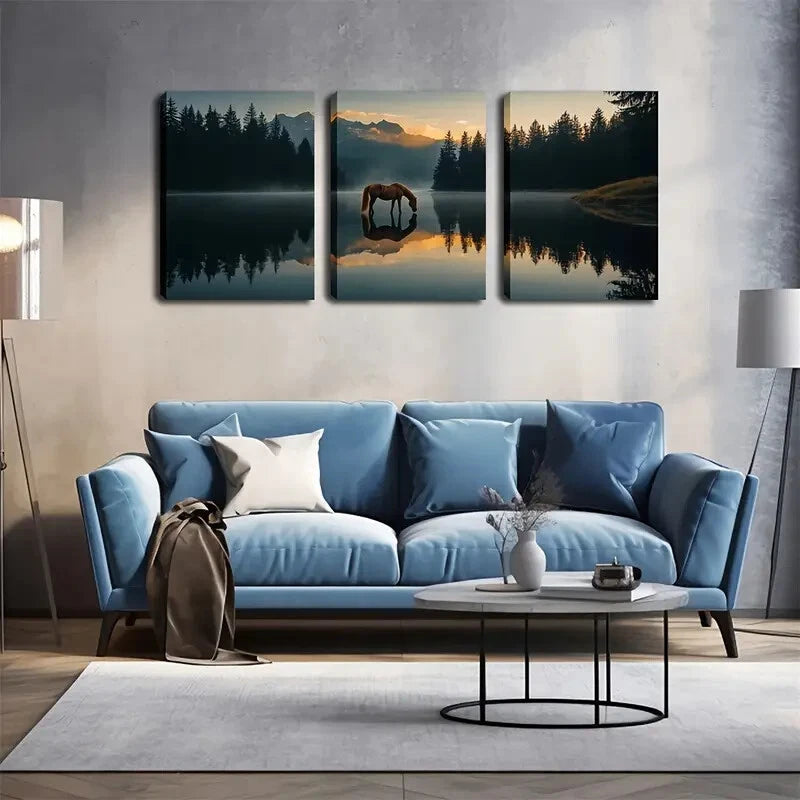 3pcs Majestic Horse In Forest And Lake Perfect Wall Art Set Canvas Framed 40x60cm - High Quality Print 100% Australian Made Wall Canvas Ready to Hang