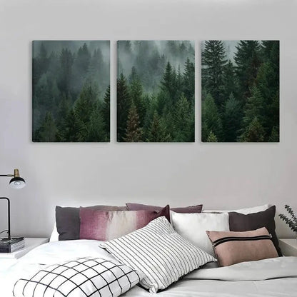 3pcs Misty Pine Forest Evergreen Trees in Green  Wall Art Set Canvas Framed 60x90cm - High Quality Print 100% Australian Made Wall Canvas Ready to Hang