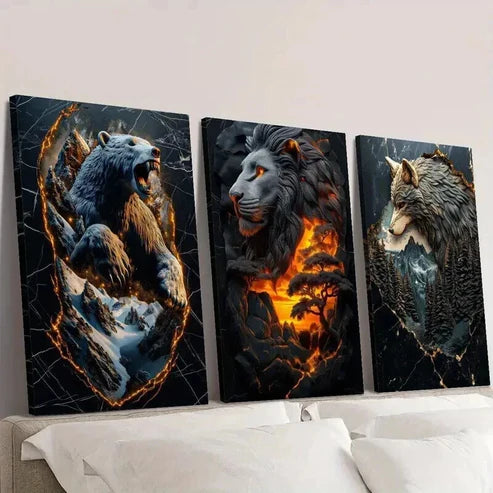 3pcs Statues of Lion Bear and Wolf  Wall Art Set Canvas Unframed - High Quality Print 100% Australian Made Wall Canvas