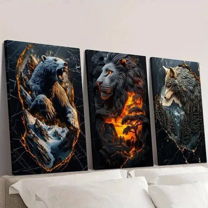 3pcs Statues of Lion Bear and Wolf  Wall Art Set Canvas Unframed - High Quality Print 100% Australian Made Wall Canvas