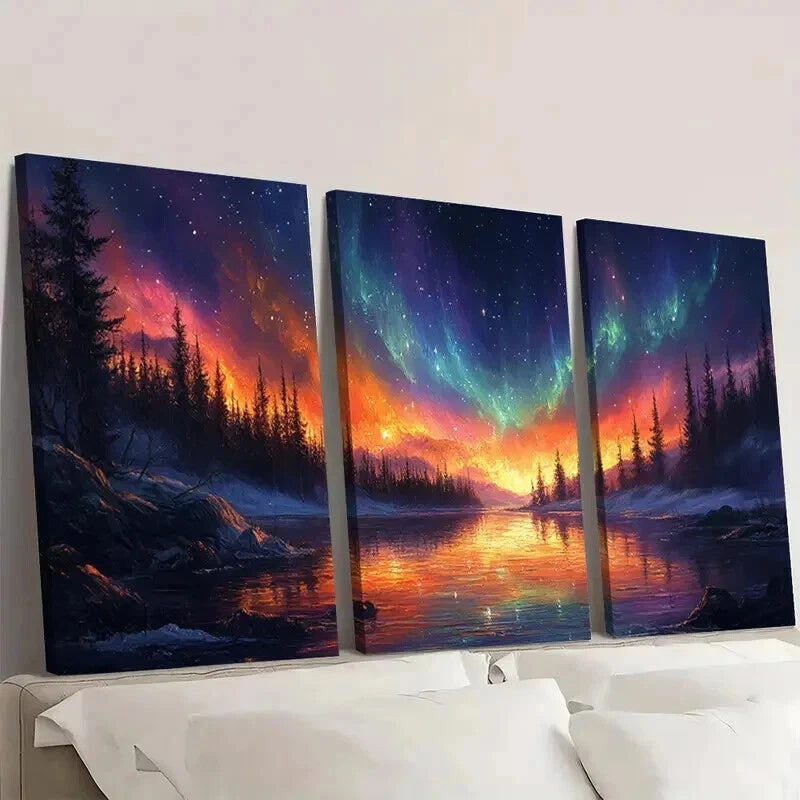 3pcs Northern Lights Starry Night Scene Wall Art Set Canvas Framed 40x60cm - High Quality Print 100% Australian Made Wall Canvas Ready to Hang