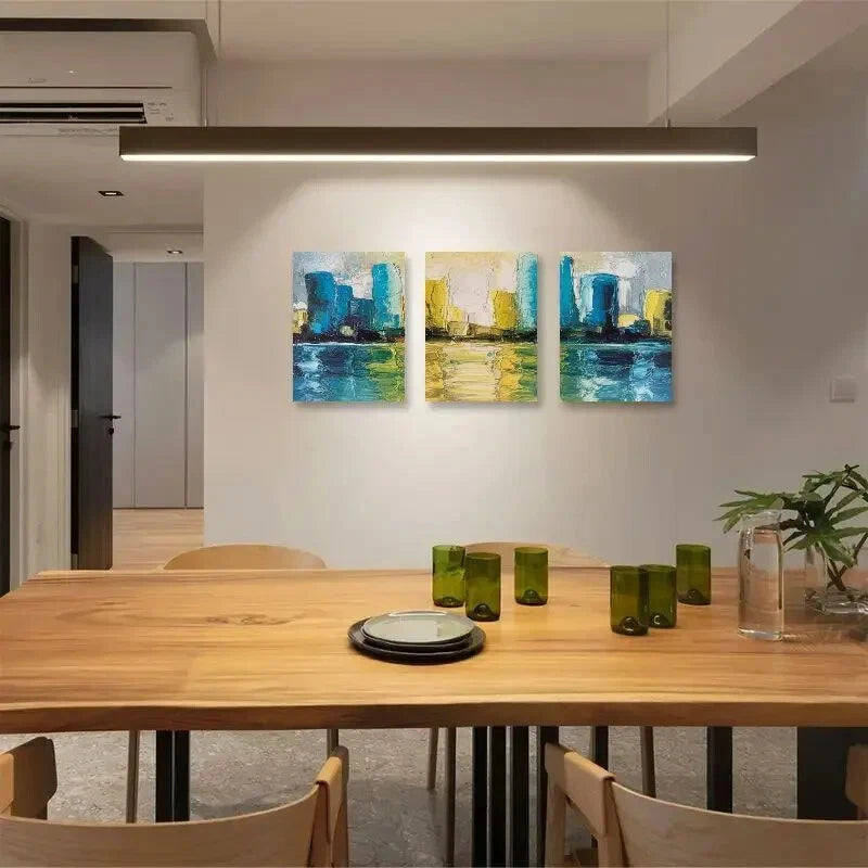 3pcs Abstract Cityscape Vibrant Blue & Yellow Metal Print Ready to Hang Art