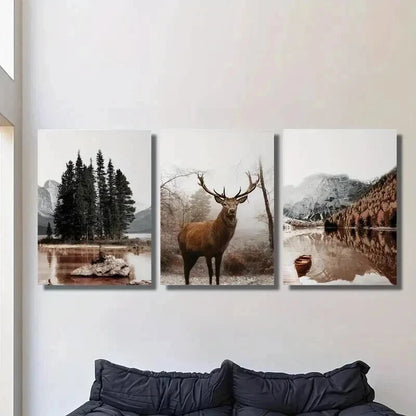 3pcs Mountain Calm Lake Boat And a Stag Wall Art Set Canvas Framed 40x60cm - High Quality Print 100% Australian Made Wall Canvas Ready to Hang