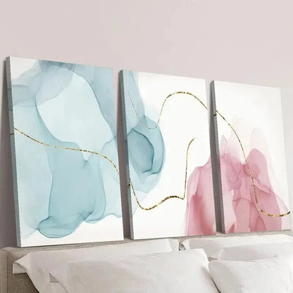 3pcs Pink Blue White & Golden Lines Wall Art Set Canvas Framed 40x60cm - High Quality Print 100% Australian Made Wall Canvas Ready to Hang