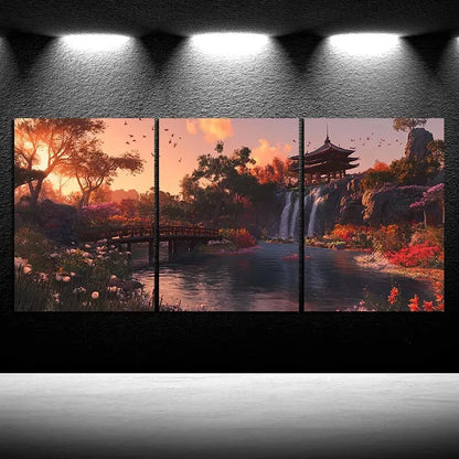 3pcs Waterfalls And Wooden Bridges Metal Print Ready to Hang Art