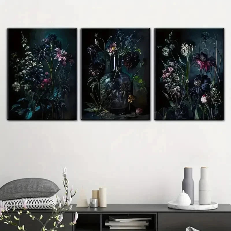 3pcs Dark Toned Vintage Botanical Prints Wall Art Set Canvas Framed 40x60cm - High Quality Print 100% Australian Made Wall Canvas Ready to Hang