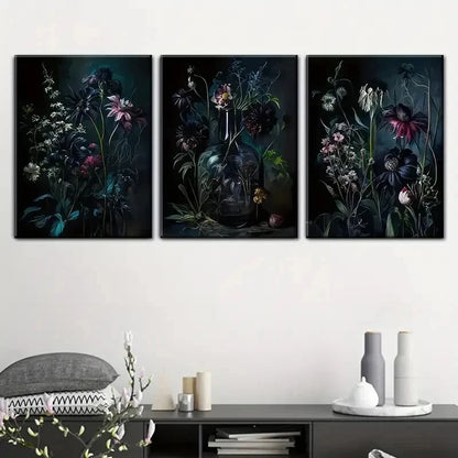 3pcs Dark Toned Vintage Botanical Prints Wall Art Set Canvas Framed 40x60cm - High Quality Print 100% Australian Made Wall Canvas Ready to Hang