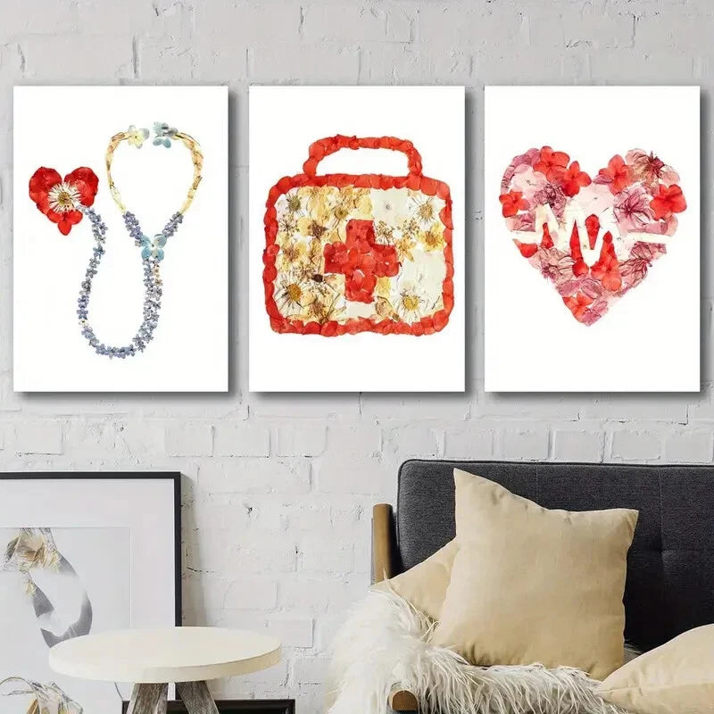3pcs Floral Stethoscope Heartbeat Design Perfect Wall Art Set Canvas Framed 40x60cm - High Quality Print 100% Australian Made Wall Canvas Ready to Hang